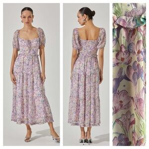 ASTR The Label Lilac Cream Floral Puff Sleeve Midi Dress S
